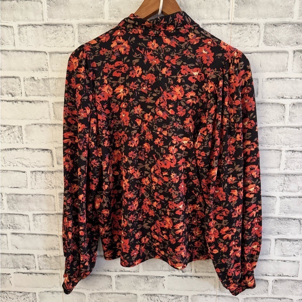 Women’s ZARA black floral vibrant v-neck long tie bow blouse Size Small - Picture 3 of 5